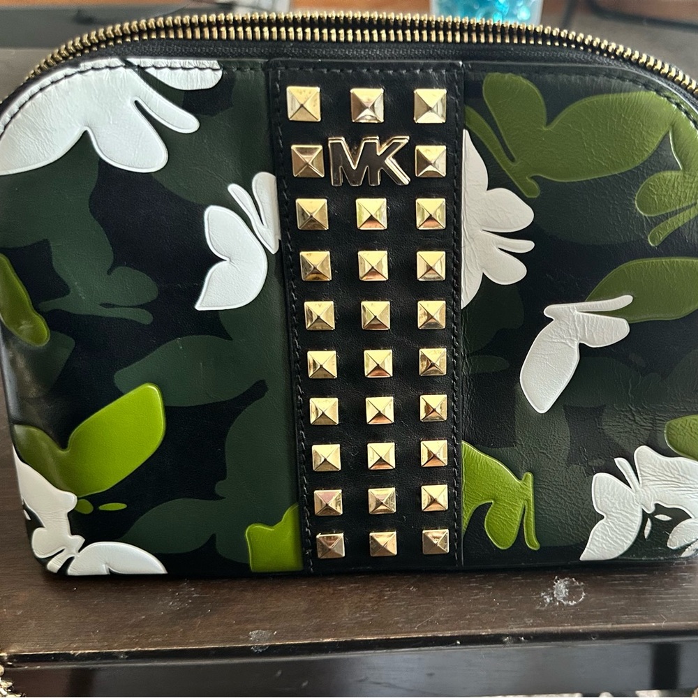 Michael Kors Green and Black Floral Studded Pouch